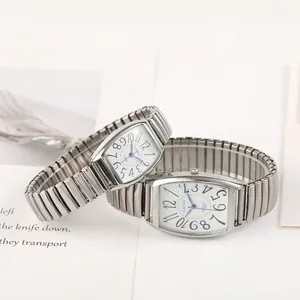 Montre Quartz Tonneau Vintage Bracelet Extension Acier Inoxydable Grands Chiffres Arabes Montre Couple