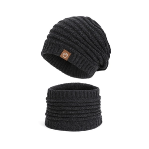 Winter women's warm dark grey knitted hat and neck warmer set with fleece lining