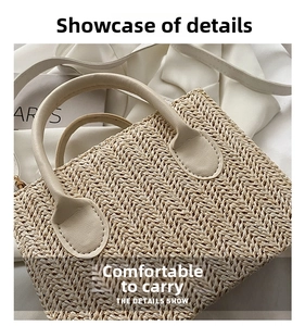 Detail shot of beige woven bag featuring herringbone pattern and white PU leather handles