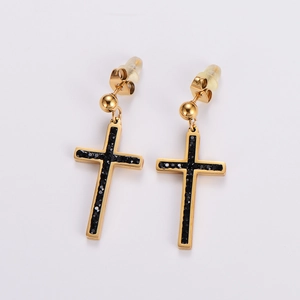 Gold stainless steel cross earrings with black rhinestone inlay on white background