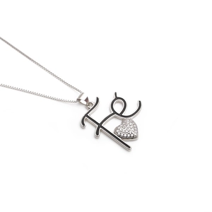 Silver Fé letter and heart pendant necklace with shimmering crystals on box chain