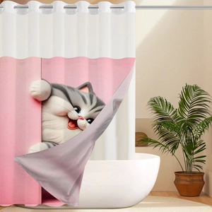 Waterproof waffle shower curtain with a 3D cute cartoon cat peeking out from pink fabric