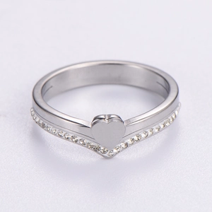 Minimalist V-shaped heart ring in silver stainless steel with pavé set crystals