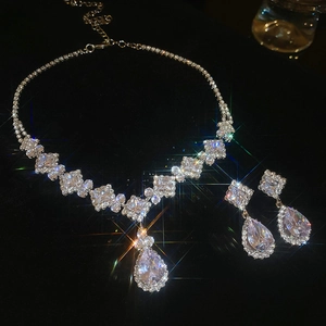 Close-up of zircon teardrop pendant necklace and stud earrings in polished silver finish
