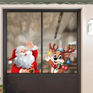 Christmas window stickers featuring cartoon Santa Claus and reindeer for festive holiday decor