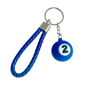 Miniature blue billiard ball number 2 keychain with blue braided rope and metal ring