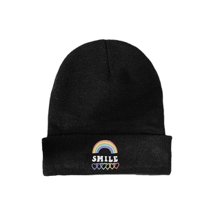 Black knitted beanie with rainbow smile and colorful heart embroidery for winter