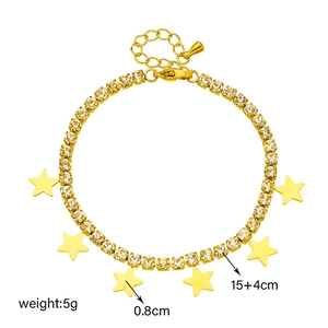 Gold star charm tennis bracelet with white rhinestones and adjustable metal chain