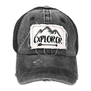 Distressed wash baseball cap with Explorer patch and black breathable mesh back
