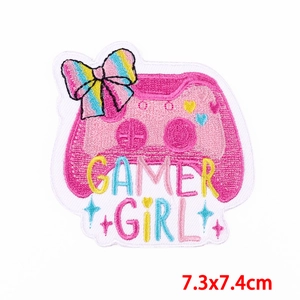 Detailed embroidery view of Gamer Girl pink controller patch with 7.3x7.4cm dimensions