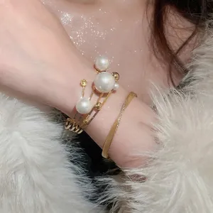 French style layered gold pearl open bangle with luxury diamond bracelet for women