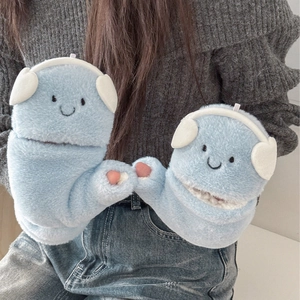 Winter Plush Convertible Gloves Flip Top Mittens Cute Cartoon Smiley Face Headphone Decor Thickened Warm For Women