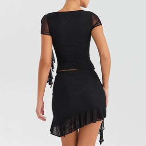 Women's two-piece black mesh set with tight short sleeves and ruffled irregular skirt