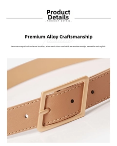 Detailed close-up of brown leather belt with matte gold diamond geometric buckle