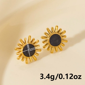 Detail showing dimensions of geometric sunburst earrings in gold and black 18k finish
