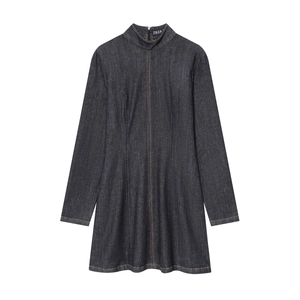 Robe Courte En Jean Manches Longues Col Montant Coupe Cintrée Fermeture Éclair Dos Surpiqûres Contrastées Femme