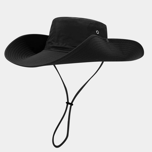 Detail of adjustable windproof rope and side snaps on a black outdoor sun hat