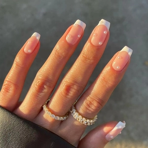 French Tip Press On Nails Nude Pink With White Artificial Pearl Decor Long Square Shape Elegant False Nails For Women