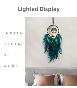 Detailed view of Tree of Life dream catcher with glowing LED lights and teal feathers