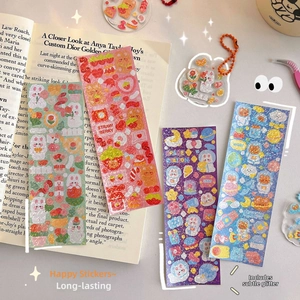 Detail of DIY stickers with fine glitter coating in four colorful cartoon themes