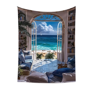 Detail of bohemian tapestry featuring a realistic ocean view study with shelves and sofa