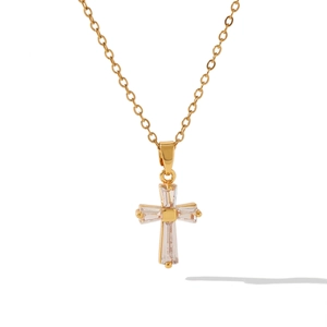 18K gold plated stainless steel necklace with a zircon-encrusted cross pendant