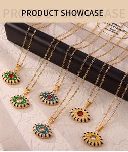 Detailed view of colorful evil eye necklaces in gold plating on elegant display