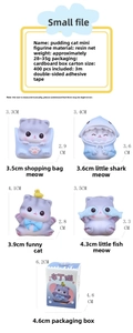 Detailed dimensions of four mini resin cat figurines with shark and shopping bag outfits