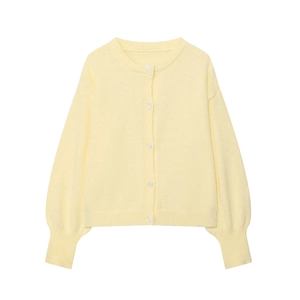 Women Solid Color Round Neck Knit Cardigan Single Breasted Long Sleeve Casual Elegant Soft Ribbed Sweater Top