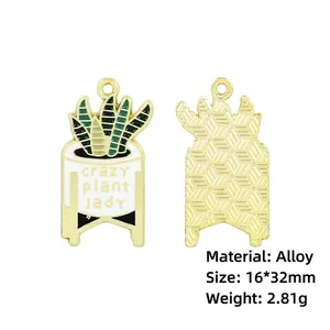Macro view of alloy cactus potted plant pendant with crazy plant lady text for DIY jewelry