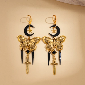 Gothic gold butterfly earrings with moon stars and hanging cross sword pendants