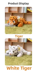 Detail of plush tiger and white tiger toys in a cozy home setting with library background