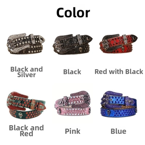 Detailed grid view of Y2K rhinestone belts with skull studs in six color variants
