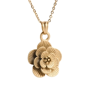 3D large rose flower pendant necklace in gold stainless steel with layered petal design
