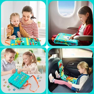 Montessori busy board with zippers and buckles for toddlers traveling by car and plane