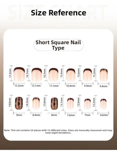 Tableau des tailles détaillé pour faux ongles marron écaille de tortue, lot de 24 pièces