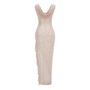 Detail view of skin-tone bodycon dress with silver rhinestones and mesh texture