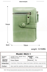 Detailed size chart of the tri-fold PU leather wallet with buckle and zipper design