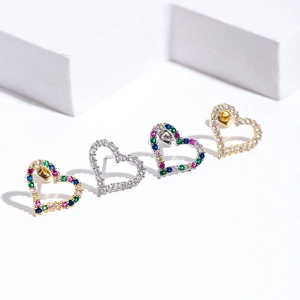 Fashion Heart Shaped Copper Stud Earrings With Colorful Zirconia Inlaid Minimalist Gold Silver Plated Jewelry For Women