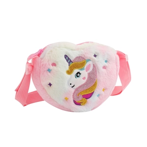 Plush heart-shaped unicorn crossbody bag for girls with pink tie-dye and embroidery