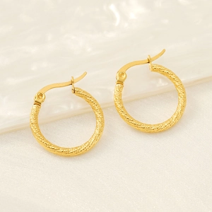 Polished 18k gold plated stainless steel hoop earrings with woven texture for women