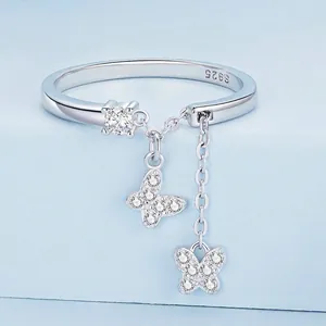 Adjustable S925 sterling silver butterfly chain ring with sparkling cubic zirconia stone