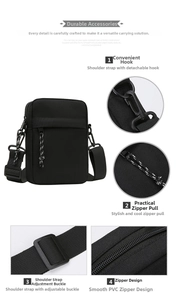 Detail of crossbody bag with detachable hooks, smooth zippers, and adjustable strap features