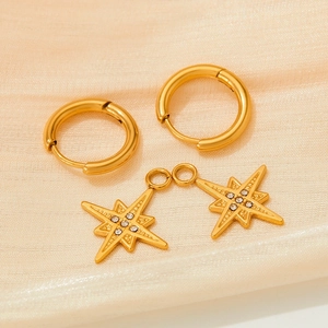 Fashion gold stainless steel hoop earrings with crystal octagram star charms
