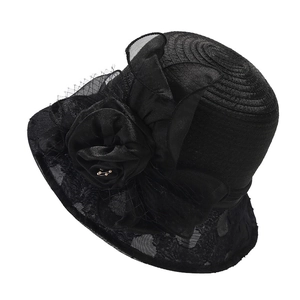 Elegant black organza sun hat with lace flowers and mesh for bridal and party occasions