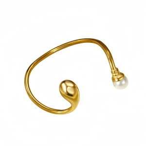 Bracelet jonc irrégulier en forme de goutte d'eau dorée avec accents de perle blanche