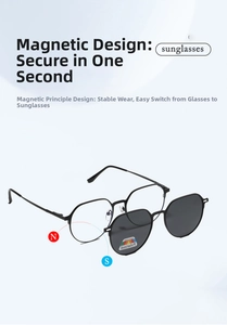 Detail of magnetic clip-on sunglasses with hexagonal metal frame and polarized dark gray lens