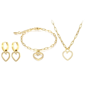 Golden heart-shaped jewelry set with necklace, bracelet and earrings in CNC diamond pave