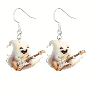 Detailed view of acrylic ghost guitarist earrings with vibrant yellow electric guitar charms