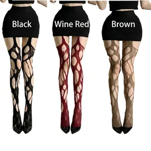 Women Ripped Suspender Stockings Hollow Out Fishnet Tights Punk Gothic Streetwear High Elasticity Nylon Hosiery